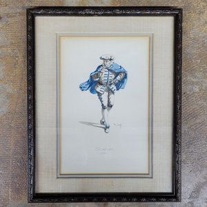 Vintage Framed Scapino Lithograph (?) by M. Sand Italian, Theater Costume Print